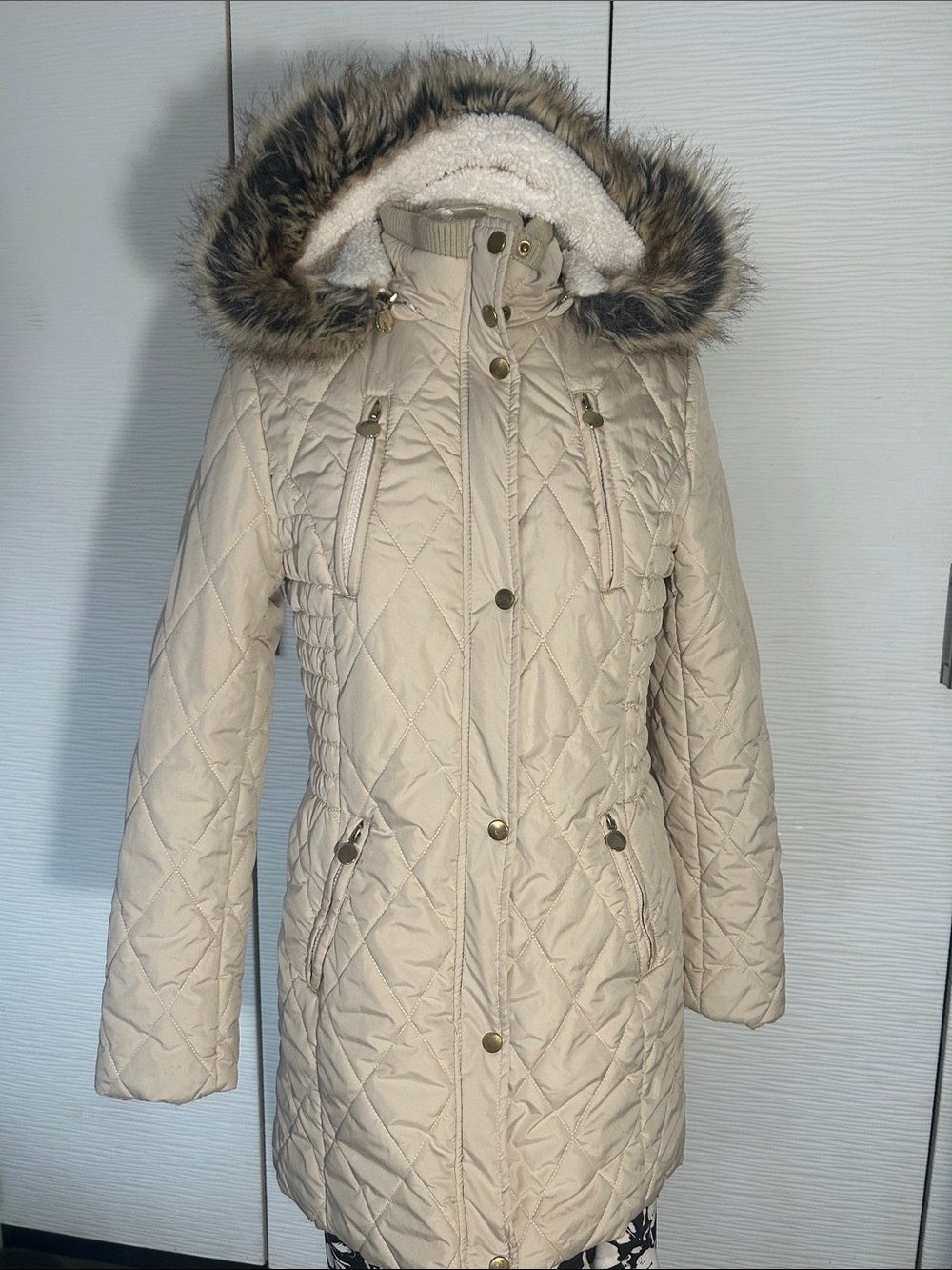 Girls Cream Quilted Hooded Puffer with Faux Fur Trim, Size 14-16